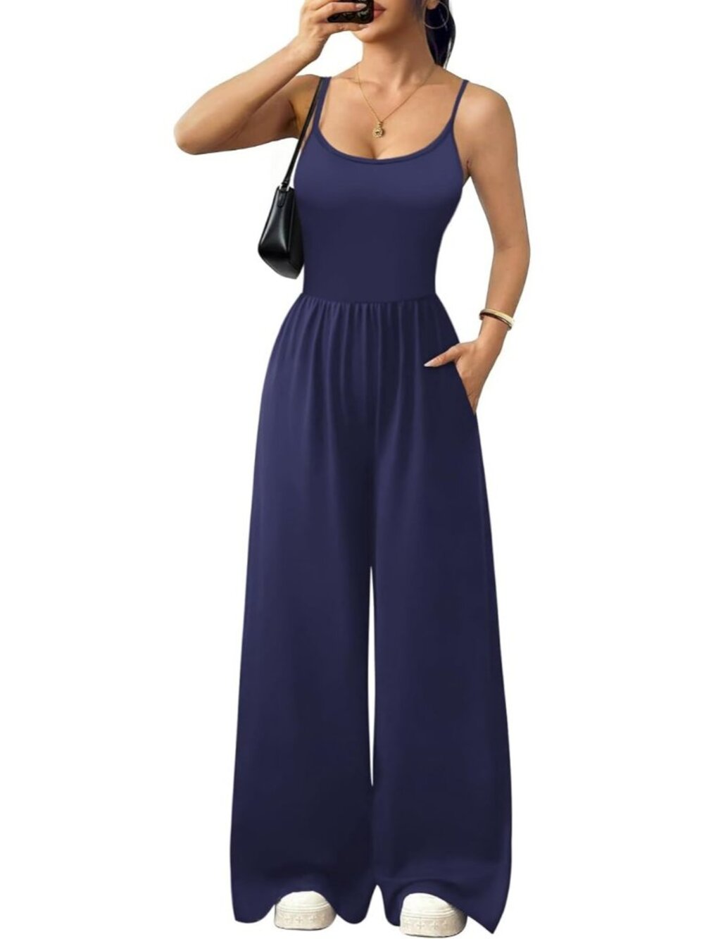 Women's Navy Blue Summer Casual Tummy Control Sleeveless Wide Leg Romper